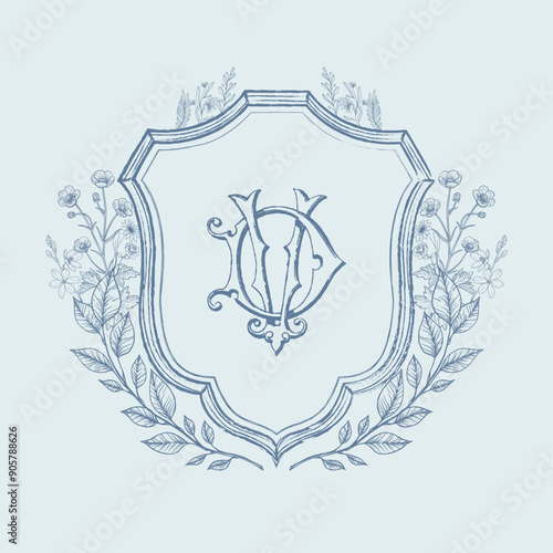 Vintage DV initial monogram with floral wedding crest. Vintage wedding crest monogram vector illustration.