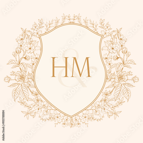 HM Initial Wedding Monogram Logo Crest, Wedding Logo Design, Custom Wreath, Crest Initial Wedding Logo