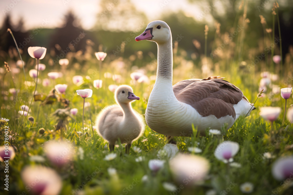 group of white geese with little goslings walks through a green meadow group of white geese with little goslings walks through a green meadow