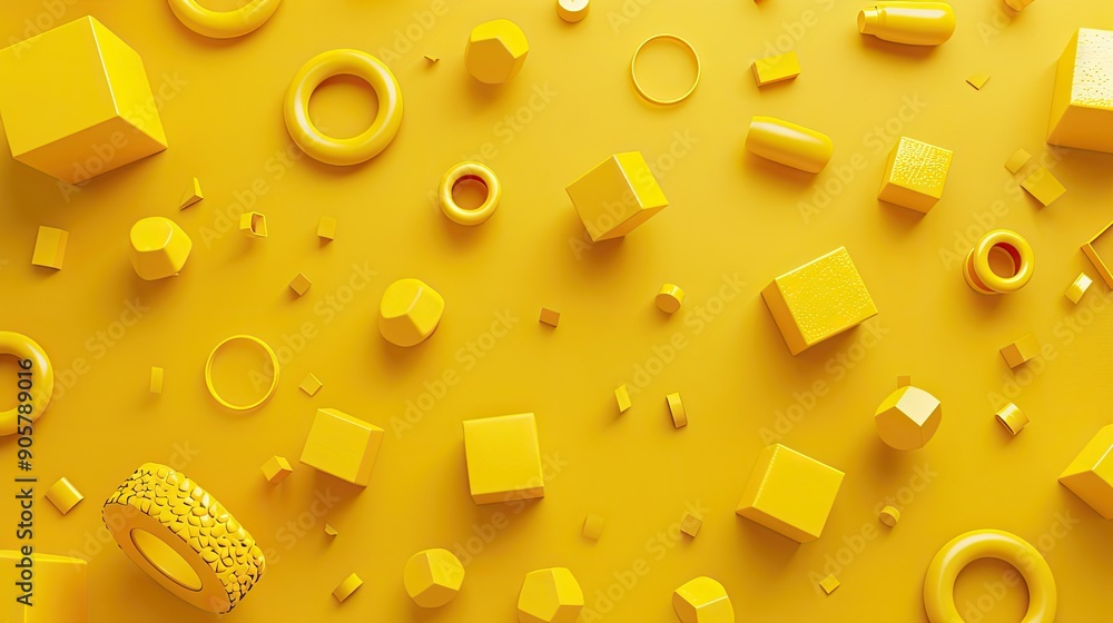 3D illustration of a yellow background with scattered, floating yellow ...
