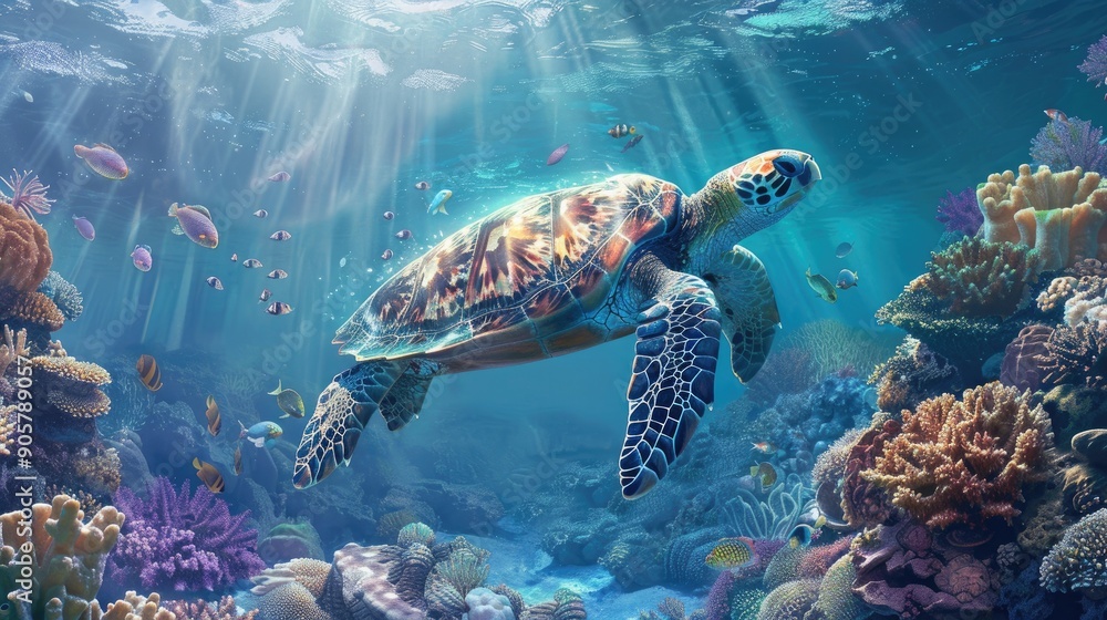 Obraz premium A majestic sea turtle swimming gracefully over a vibrant coral reef, showcasing the underwater beauty.