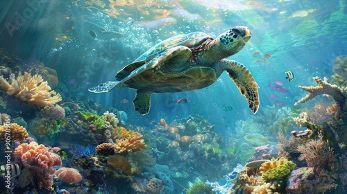 A majestic sea turtle swimming gracefully over a vibrant coral reef, showcasing the underwater beauty.