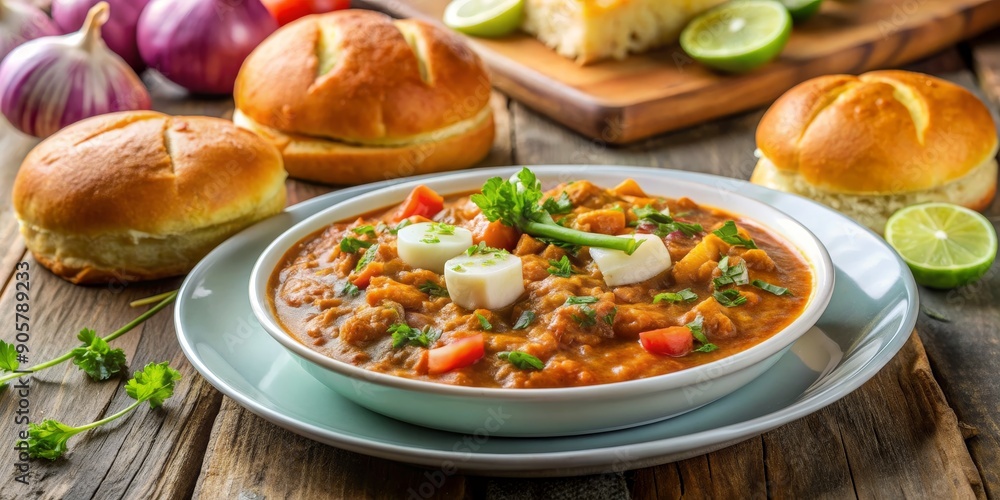 Spicy Potato Curry with Bread Rolls and Lime, Indian Food, Curry, Potato, Mumbai Spicy Potato Curry with Bread Rolls and Lime, Indian Food, Curry, Potato, Mumbai