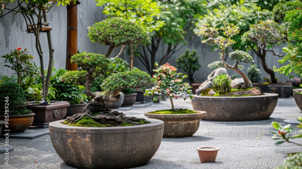 A peaceful zen garden with large stone flower pots filled with bonsai trees. A peaceful zen garden with large stone flower pots filled with bonsai trees.