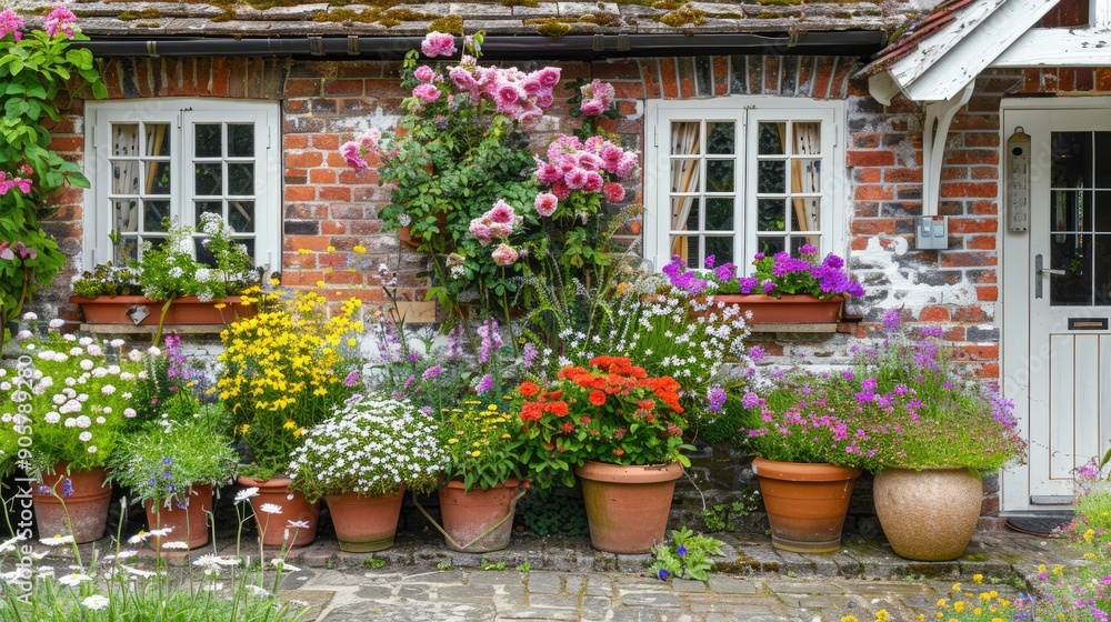 Obraz premium A picturesque country cottage with a garden of flower pots filled with roses and daisies.