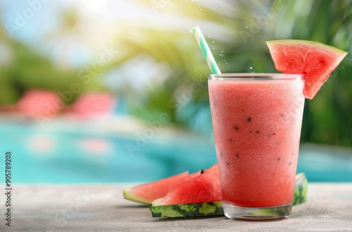 Refreshing Watermelon Smoothie by the Pool on a Sunny Day