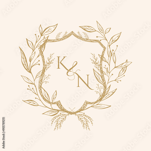 KN Initial Wedding Monogram Logo Crest, Wedding Logo Design, Custom Wreath Wedding Monogram, Crest Initial Wedding Logo