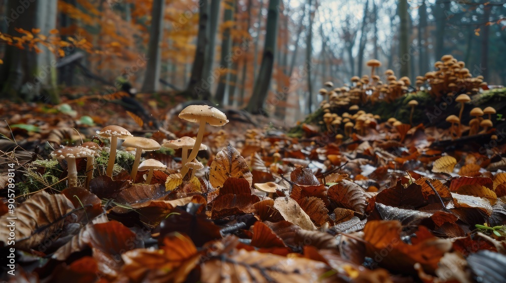 A scenic view of a forest floor covered in various types of mushrooms and fallen leaves. A scenic view of a forest floor covered in various types of mushrooms and fallen leaves.