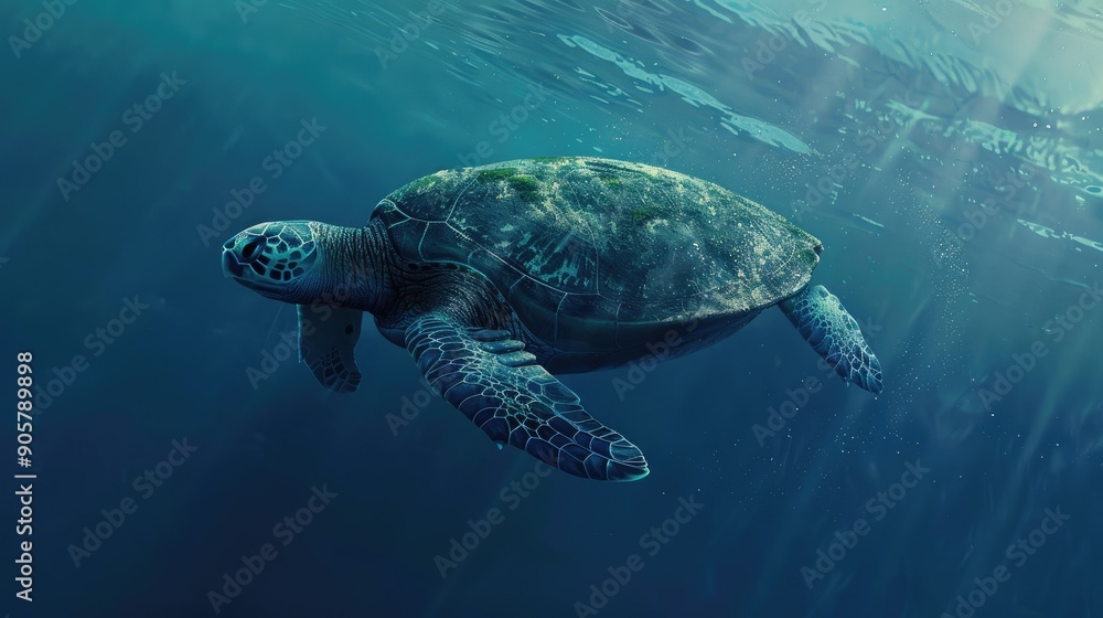 Fototapeta premium A sea turtle gliding effortlessly through the open ocean, with the deep blue water as a backdrop.