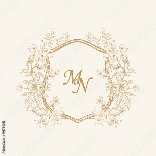 MN Initial Wedding Monogram Logo Crest, Wedding Logo Design, Custom Wreath Wedding Monogram, Crest Initial Wedding Logo