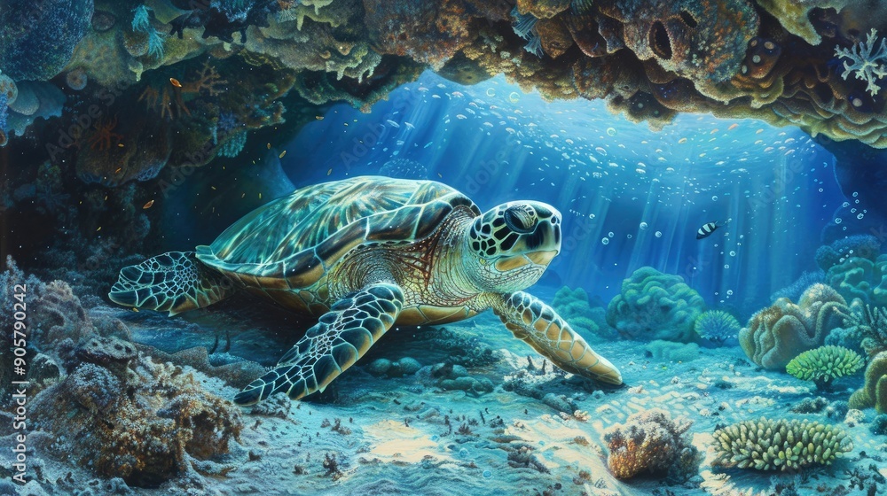 Obraz premium A sea turtle resting under a coral overhang, creating a serene and sheltered underwater scene.