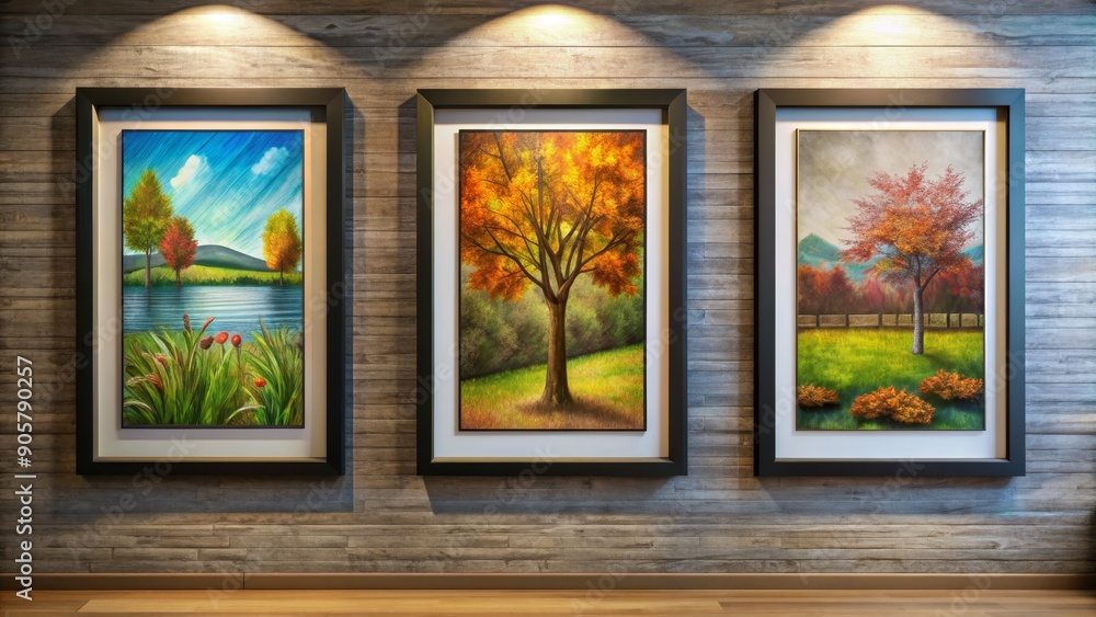 Fototapeta premium Three Framed Paintings of Fall Landscapes, black frame, autumn colors, art decor, interior design, wall art , gallery wall