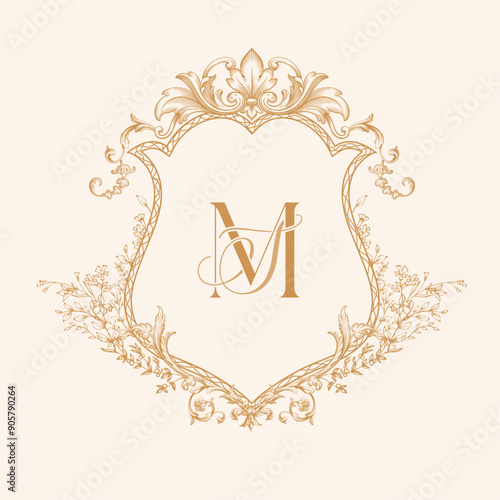 Baroque style and floral wedding crest design. Can be used for wedding invitations, greeting cards, and scrapbooking. MS, SM initial golden wedding crest vector illustration.