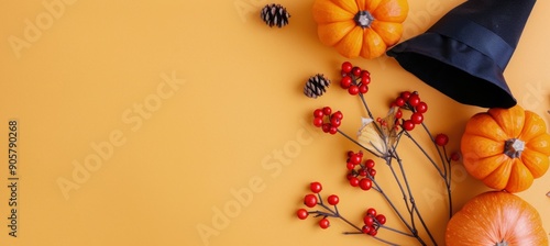 Halloween Decorations With Pumpkins, Spider, and Leaves on Orange Background