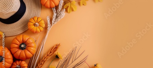 Halloween Decorations With Pumpkins and Spiders on Orange Background