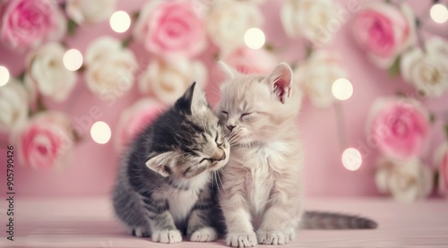 Two Adorable Kittens Snuggling Together in a Soft Floral Setting