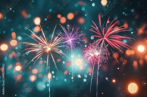 Colorful Fireworks Display Over a City Skyline at Night