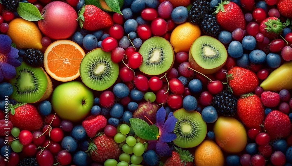 A vibrant canvas of different berries, including strawberries, blueberries, blackberries, raspberries, cranberries, gooseberries, red currants, elderberries, goji berries, and cloudberries, showcasing A vibrant canvas of different berries, including strawberries, blueberries, blackberries, raspberries, cranberries, gooseberries, red currants, elderberries, goji berries, and cloudberries, showcasing