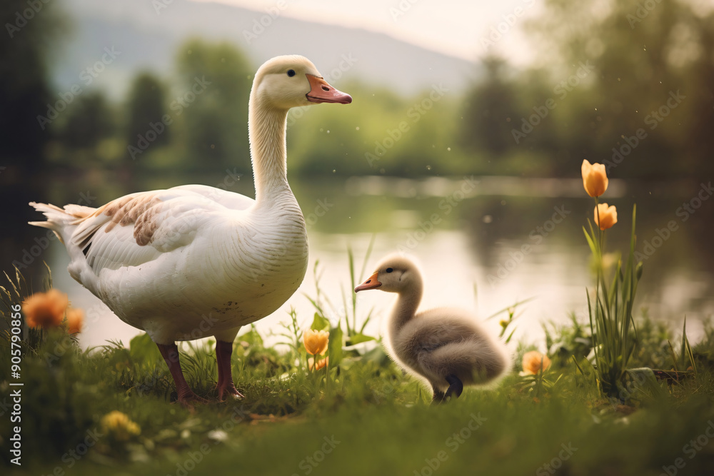 group of white geese with little goslings walks through a green meadow group of white geese with little goslings walks through a green meadow