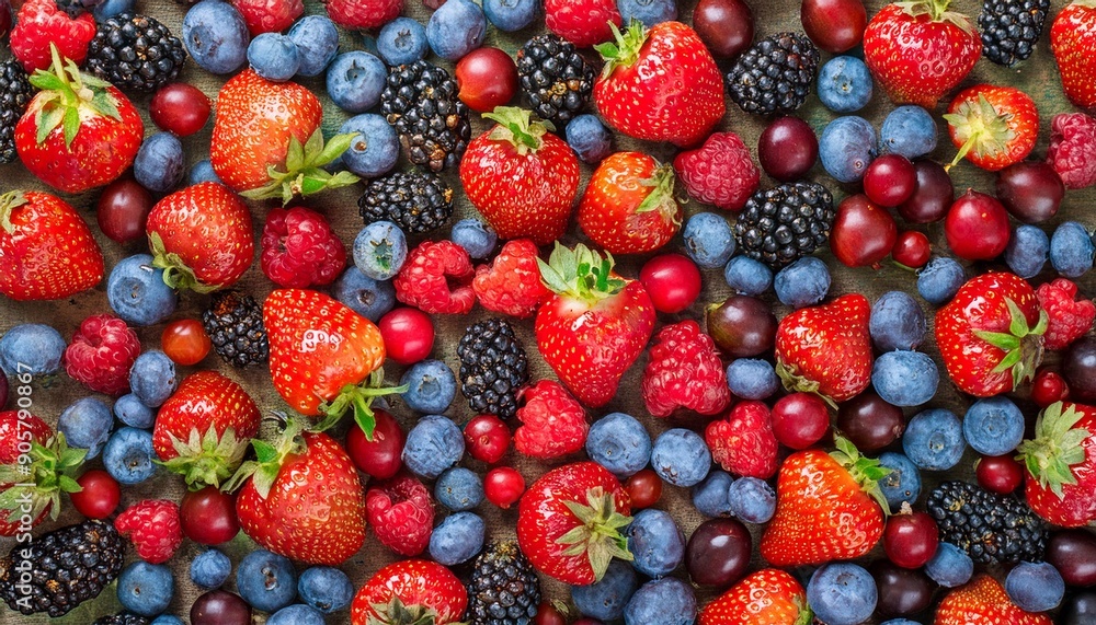 A vibrant canvas of different berries, including strawberries, blueberries, blackberries, raspberries, cranberries, gooseberries, red currants, elderberries, goji berries, and cloudberries, showcasing A vibrant canvas of different berries, including strawberries, blueberries, blackberries, raspberries, cranberries, gooseberries, red currants, elderberries, goji berries, and cloudberries, showcasing