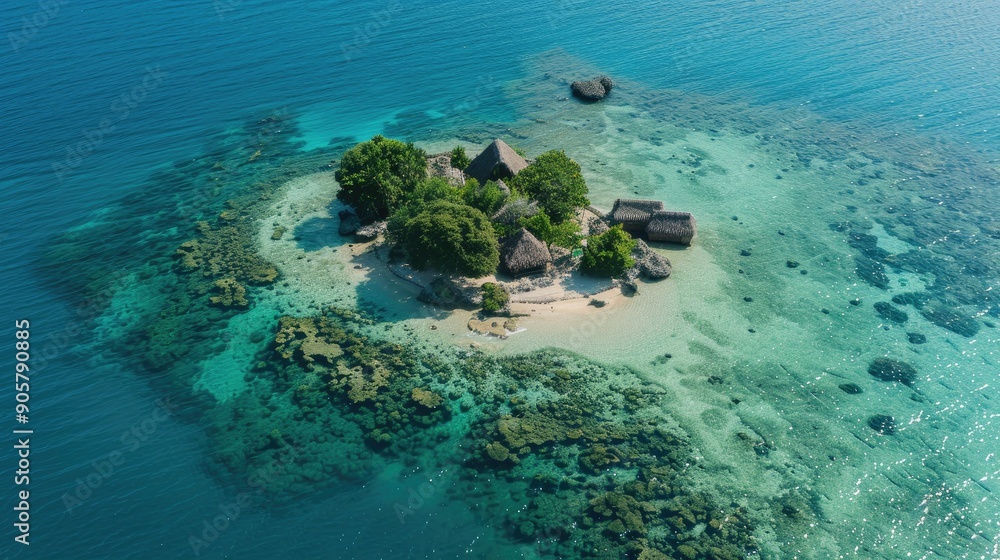 Fototapeta premium A small, secluded island with a single thatched hut, nestled in crystal-clear waters.