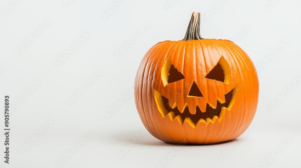 Spooky carved pumpkin with glowing eyes on a white background, perfect for halloween. Its menacing grin and teeth add to the festive decoration, providing copy space for seasonal designs Spooky carved pumpkin with glowing eyes on a white background, perfect for halloween. Its menacing grin and teeth add to the festive decoration, providing copy space for seasonal designs