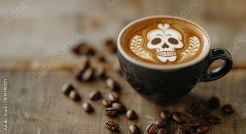 Coffee With Intricate Skull Latte Art Surrounded by Coffee Beans