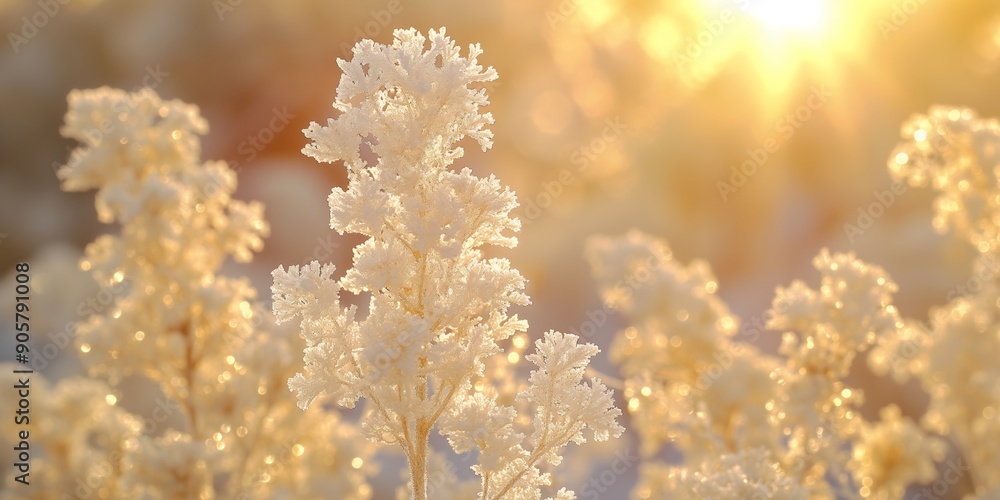 A close-up of frosted plants illuminated by soft sunlight, creating a gentle, ethereal background with a warm glow A close-up of frosted plants illuminated by soft sunlight, creating a gentle, ethereal background with a warm glow