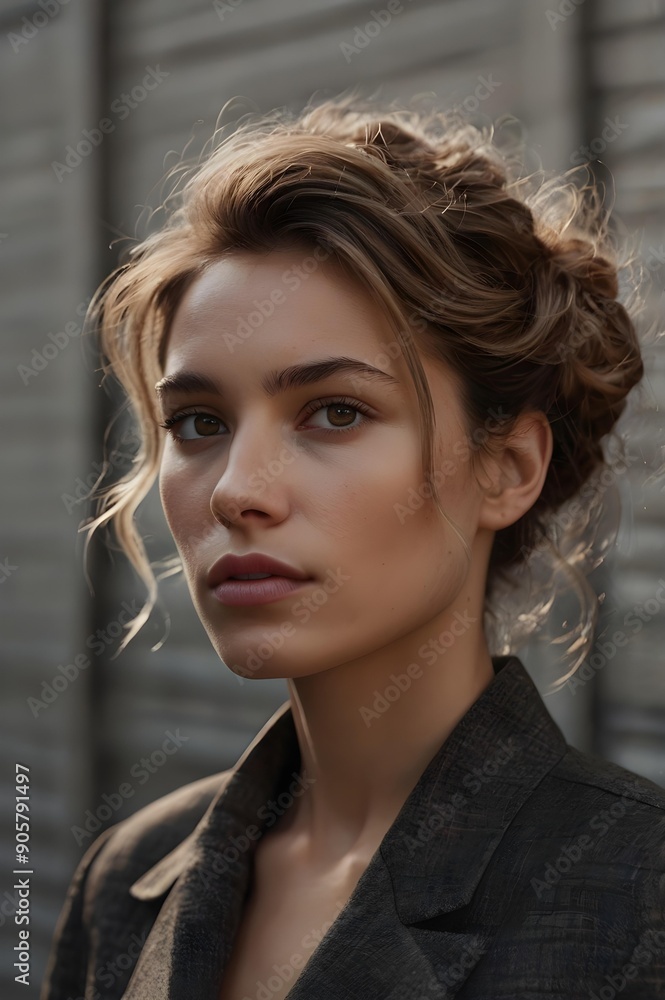 portrait of a woman, Young Woman with Blonde Hair in Brown Jacket, Looking Right portrait of a woman, Young Woman with Blonde Hair in Brown Jacket, Looking Right