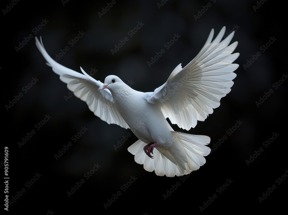 Obraz premium White Dove Flying on Black Background, Isolated with Clipping Path