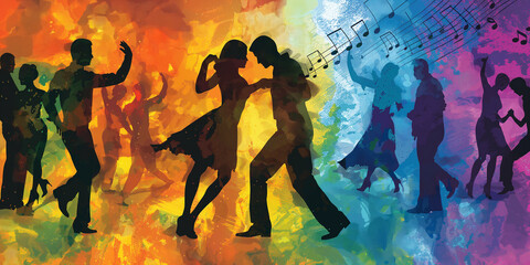 Happy people dancing salsa on colorful background with musical notes