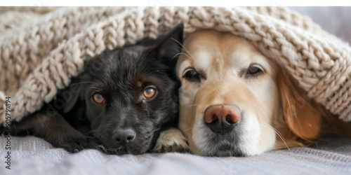 Two Dogs Snuggling Under Cozy Blanket in Warm Indoor Setting