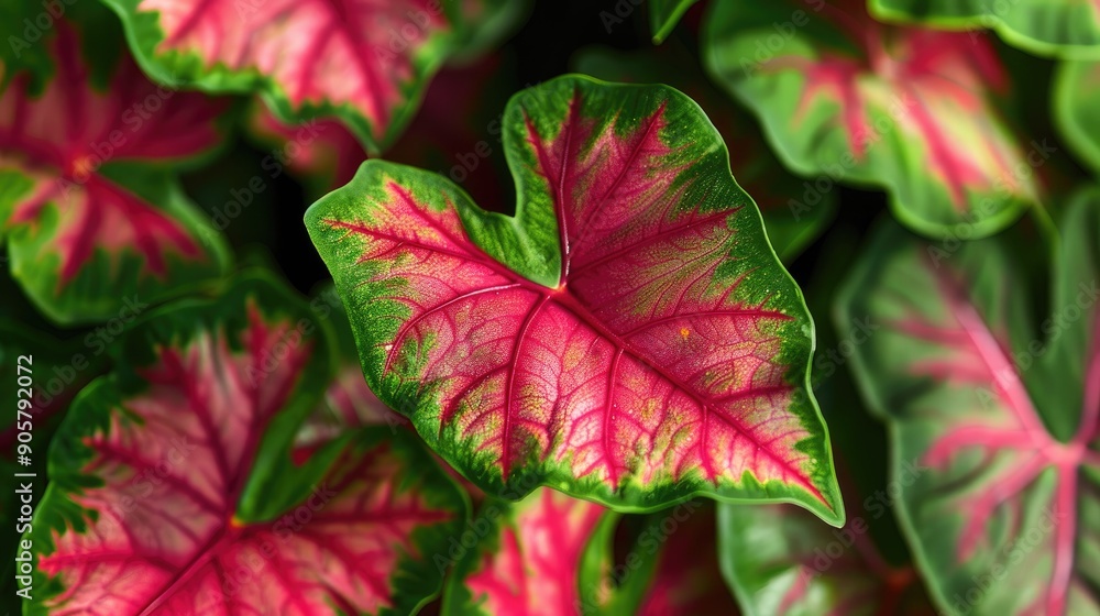 Close-up of Caladium leaves with striking red veins and green edges, creating a beautiful natural pattern. Close-up of Caladium leaves with striking red veins and green edges, creating a beautiful natural pattern.