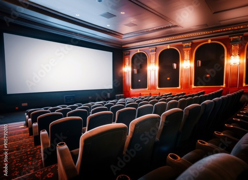 Elegant Interior of a Movie Theater With Empty Seats Before a Screen