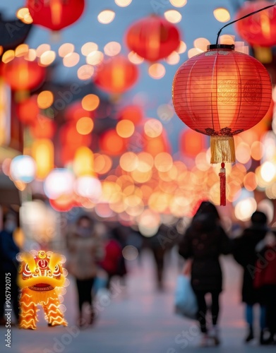 Lion Dance Performers Amid Vibrant Lanterns During Lunar New Year Celebration