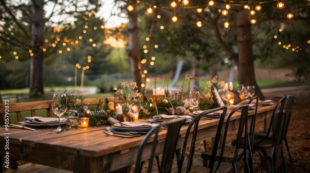 Obraz premium Elegant outdoor dining table with a wooden top, rustic chairs, and a string of fairy lights adding a magical touch to the setting