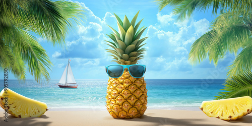 Pineapple wearing sunglasses is relaxing on a tropical beach with palm trees