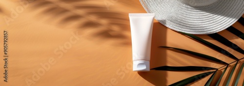 Sunscreen Tube and Straw Hat on Sunlit Surface With Tropical Leaves