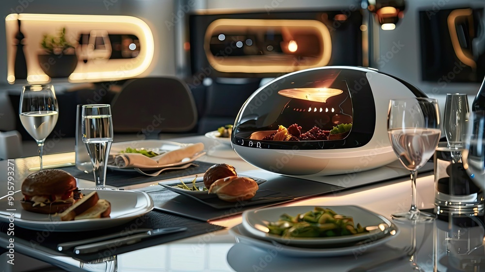 High-tech dining table with futuristic design elements, sleek, modern dishware, and a contemporary spread of gourmet dishes High-tech dining table with futuristic design elements, sleek, modern dishware, and a contemporary spread of gourmet dishes