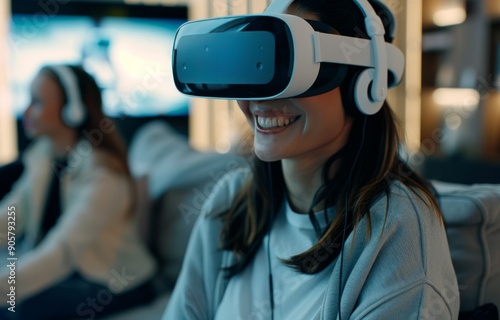 Woman Enjoying Virtual Reality Experience at Home With Friend Relaxing