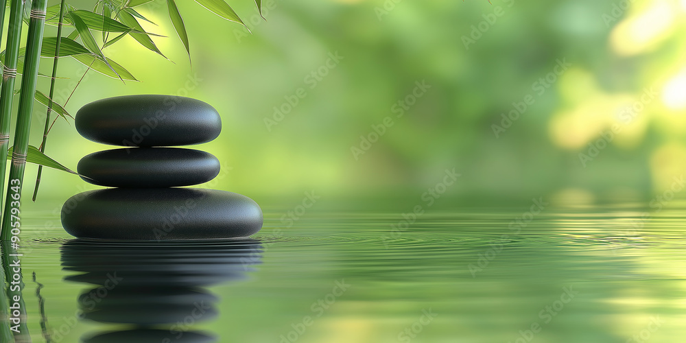 Stack of black zen stones balancing on water with bamboo shoots Stack of black zen stones balancing on water with bamboo shoots