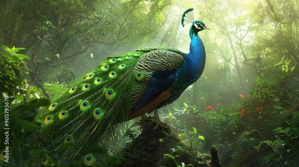 Fototapeta premium Majestic peacock in a lush forest, with its feathers fanned out and creating a vibrant splash of color amidst the green foliage