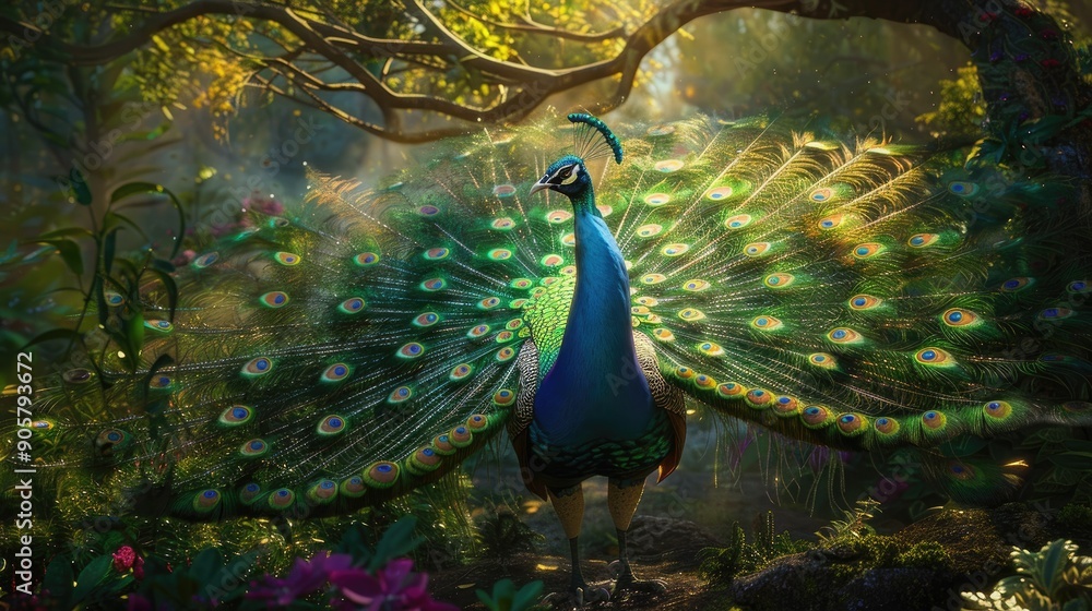 Obraz premium Majestic peacock displaying its vibrant, iridescent tail feathers in full spread, showcasing the dazzling blues and greens against a lush garden backdrop