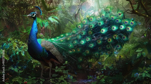 Majestic peacock in a lush forest, with its feathers fanned out and creating a vibrant splash of color amidst the green foliage