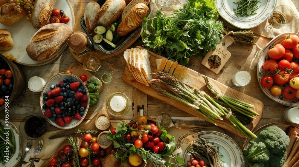 Rustic dining table with a farm-to-table spread, featuring fresh vegetables, artisanal bread, and a wooden serving platter Rustic dining table with a farm-to-table spread, featuring fresh vegetables, artisanal bread, and a wooden serving platter