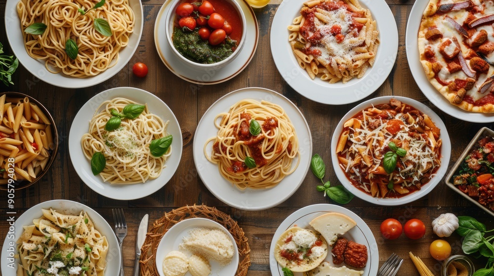 Top view of a beautifully arranged pasta menu featuring various dishes like spaghetti carbonara, penne arrabbiata, and fettuccine Alfredo, displayed on a wooden table with rustic decor. Top view of a beautifully arranged pasta menu featuring various dishes like spaghetti carbonara, penne arrabbiata, and fettuccine Alfredo, displayed on a wooden table with rustic decor.