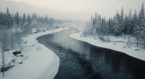 Serene Winter River Flowing Through Snow-Covered Mountains at Dusk