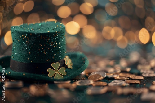 Green Top Hat Surrounded by Gold Coins and Shamrocks for St. Patrick's Day Ce...