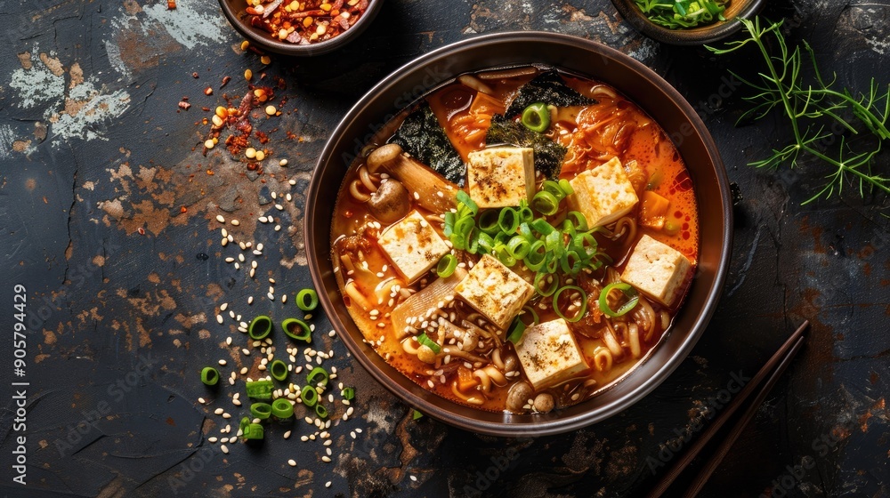 Top view of a bowl of kimchi ramen with tofu, mushrooms, green onions, and nori on a dark background. Top view of a bowl of kimchi ramen with tofu, mushrooms, green onions, and nori on a dark background.