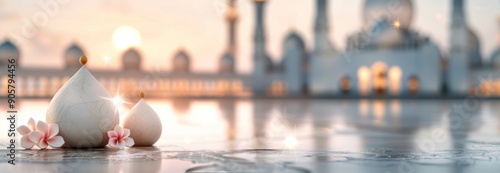Grand Mosque at Sunset With Illuminated Domes and Minarets